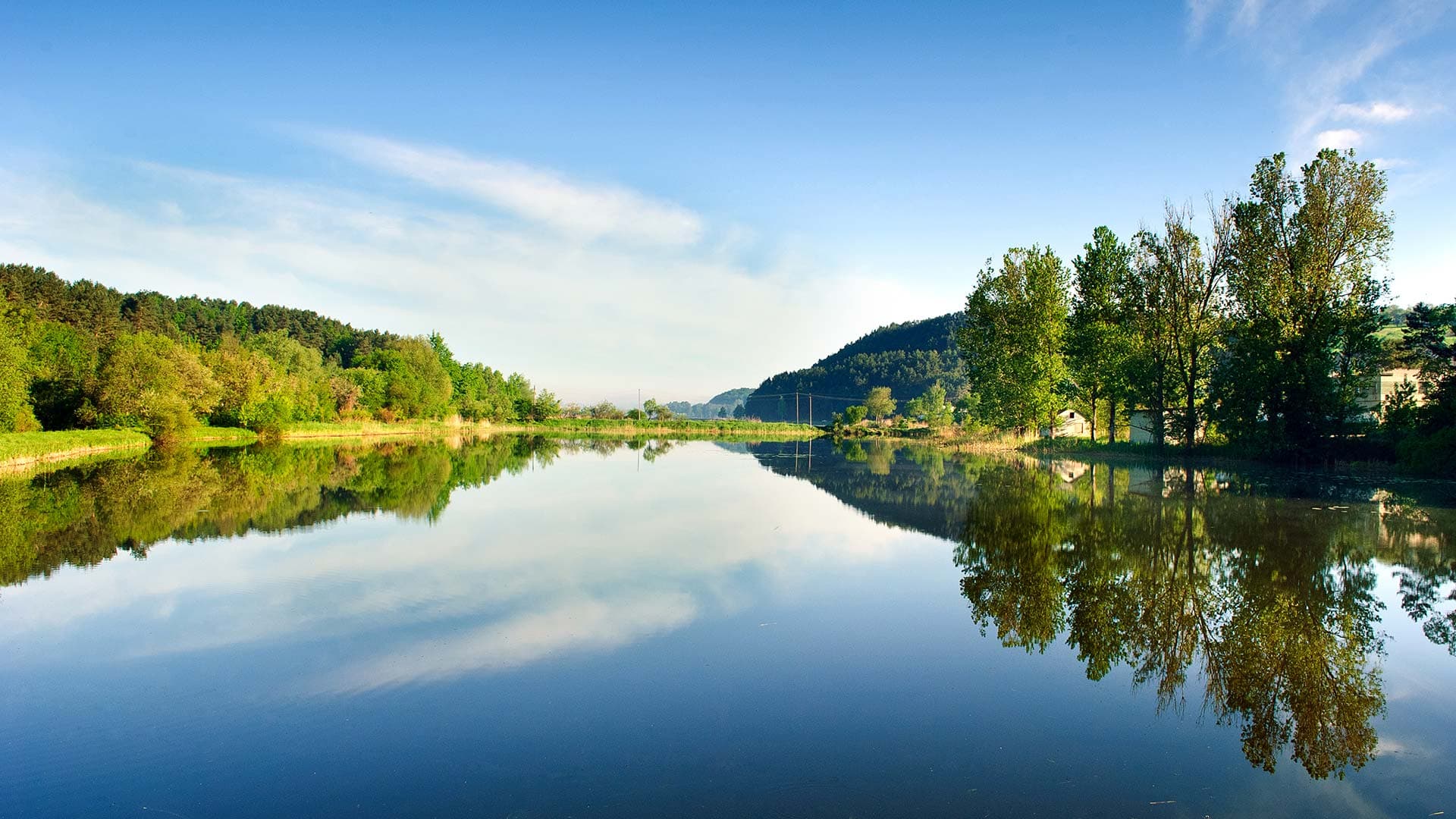 A calm lake reflecting trees and sky