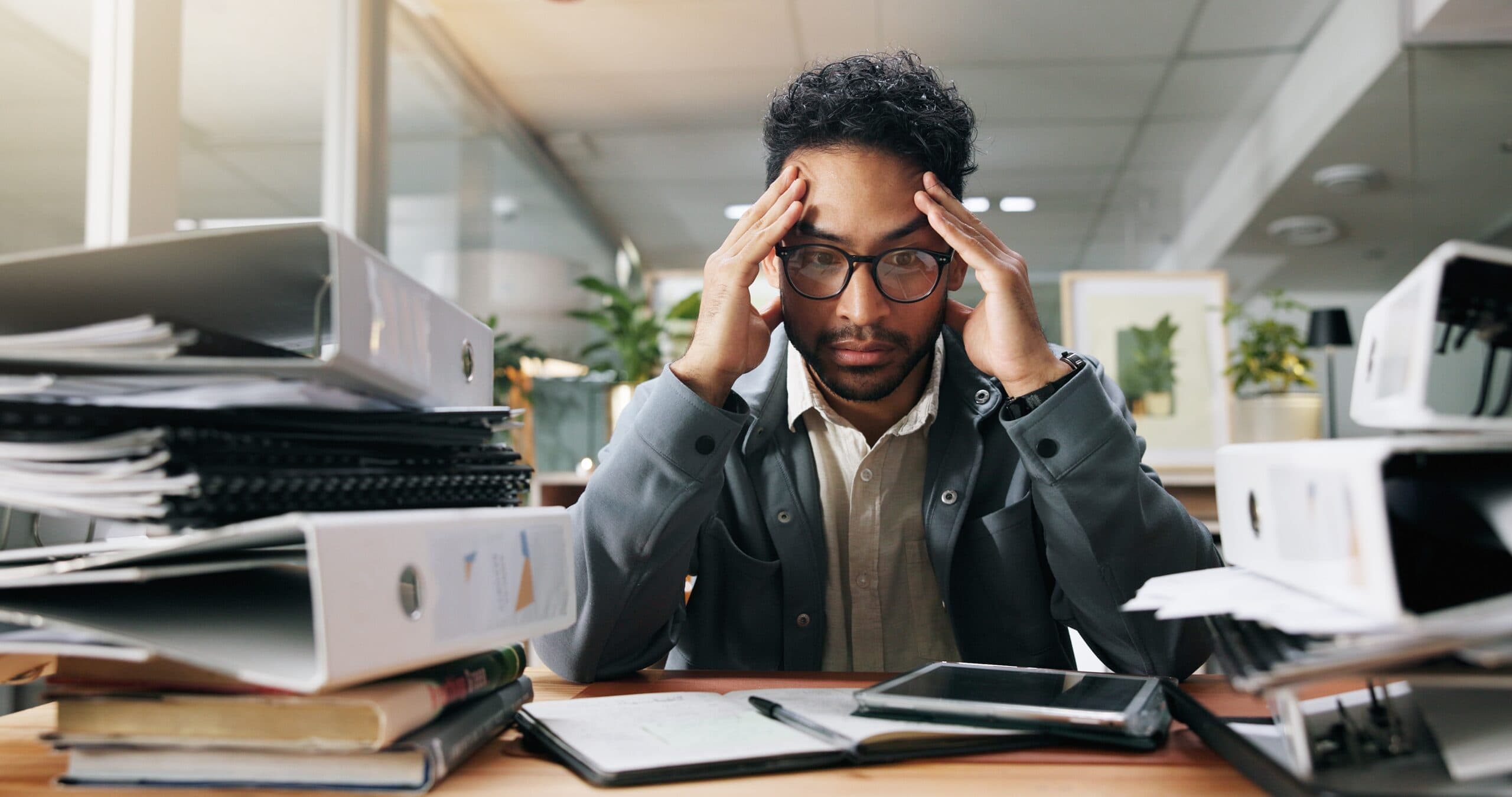 stress,,workload,and,businessman,in,office,with,fatigue,,burnout,and