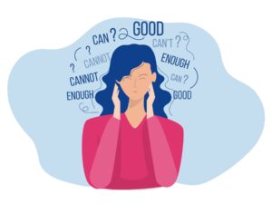 businesswoman,confusion,or,imposter,syndrome,self,doubt,on,him,head